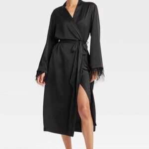 Target Auden Black Feather Sleeve Satin Slip Robe Bathrobe - Size XS/S